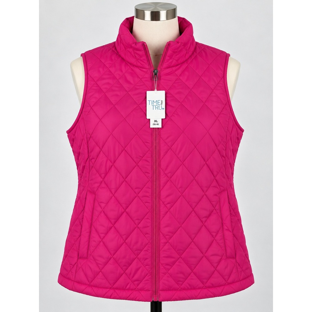 Time and Tru Women's XL Diamond Quilt Core Vest Shocking Pink Coquette NWT